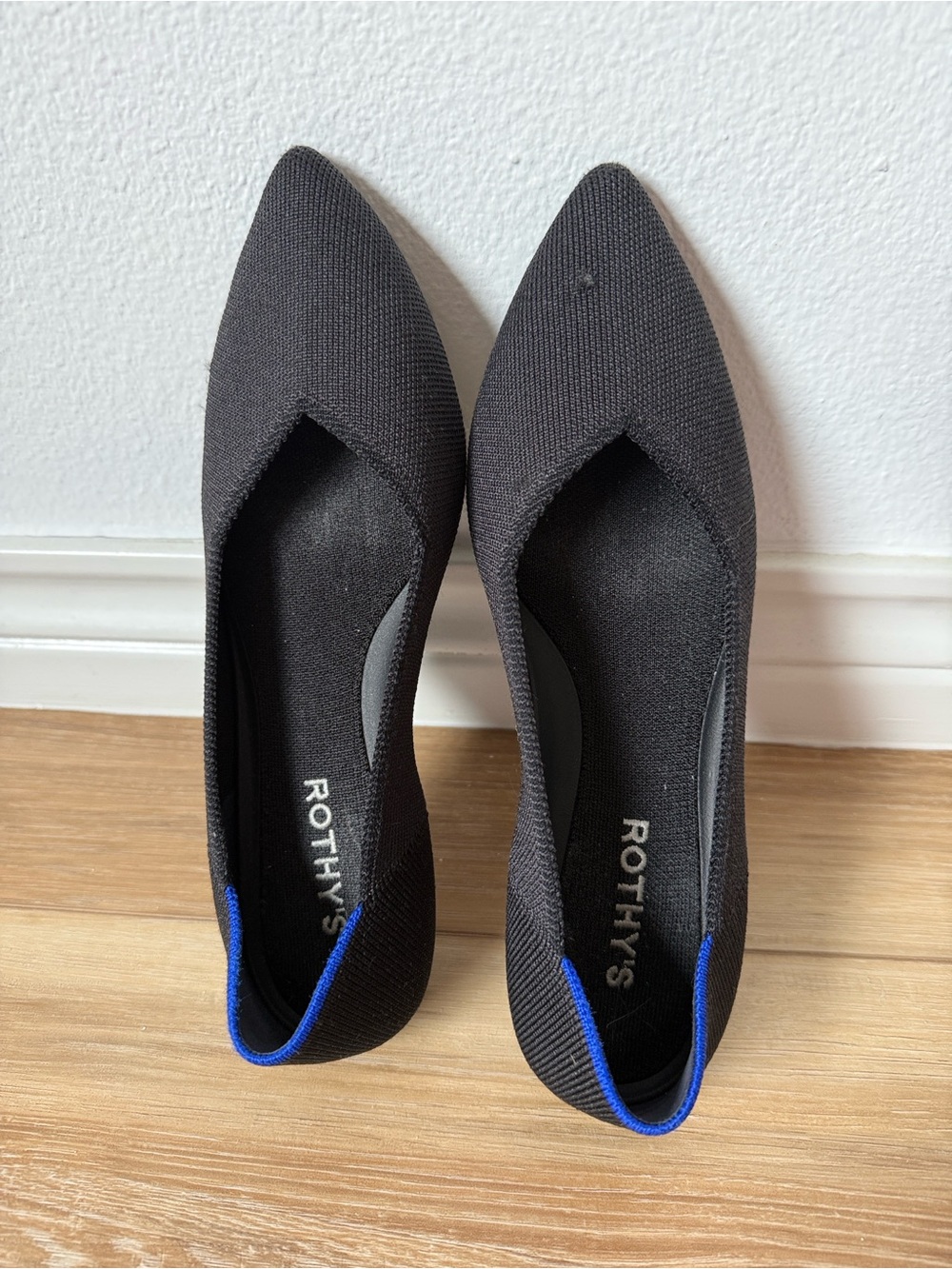Rothy's Black Pointed Toe Flats with Blue Trim